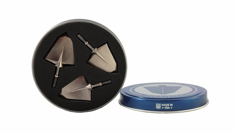 100 grain left Toulou Broadheads in open tin with lid